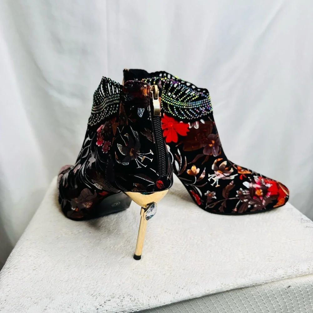Floral Velvet Rhinestone Ankle Boots Sz 42 (US 10.5) Statement Stiletto Heel - Picture 3 of 16